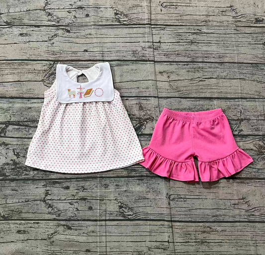 1.26 GSSO3019 Sample No Moq Embroidery Cross Baby Girls Polka Dots Tunic Ruffle Shorts Easter Clothes Sets