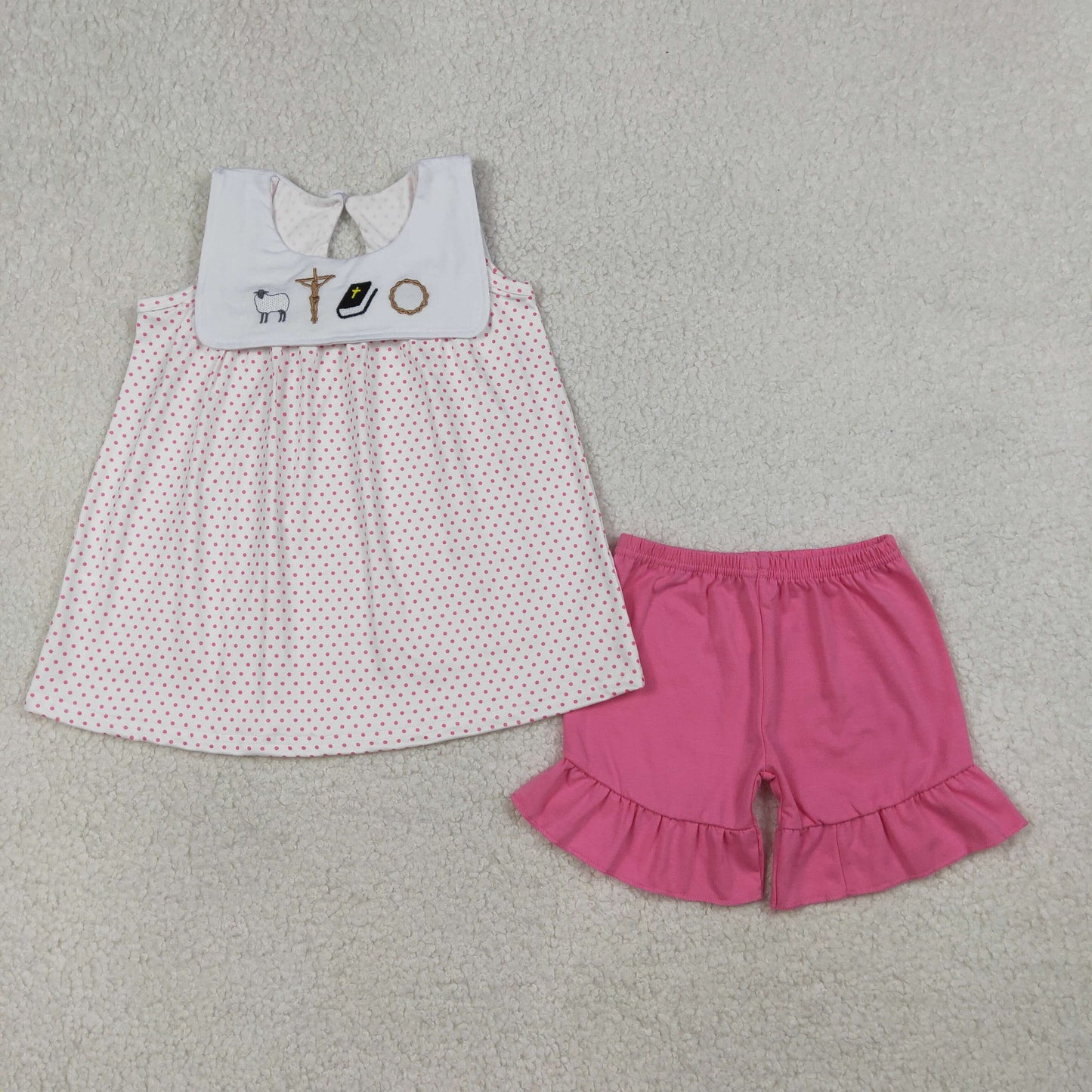 3.20 RTS NO MOQ （In stock）GSSO3019 Kids Clothing for Baby Girls Sleeveless Embroidery Cross Sheep Polka Dots Tunic Ruffle Shorts Clothes Sets