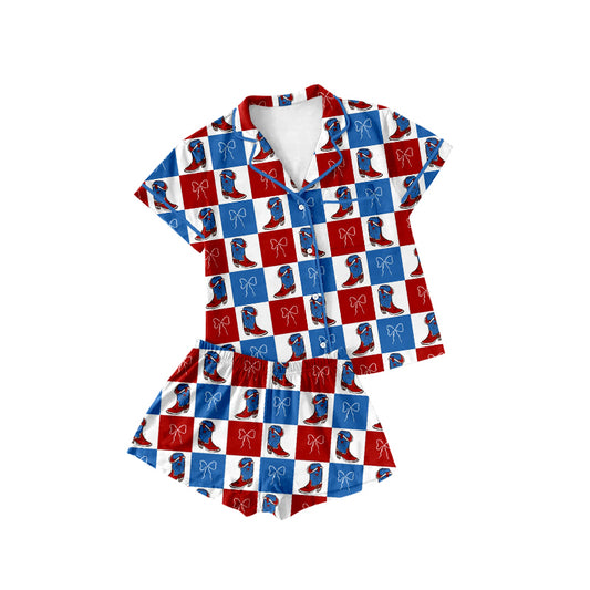 12.13 GSSO3023 Pre order No Moq Baby Girls Bow Boots Checked Button To Shorts 4th of July Pajamas Set