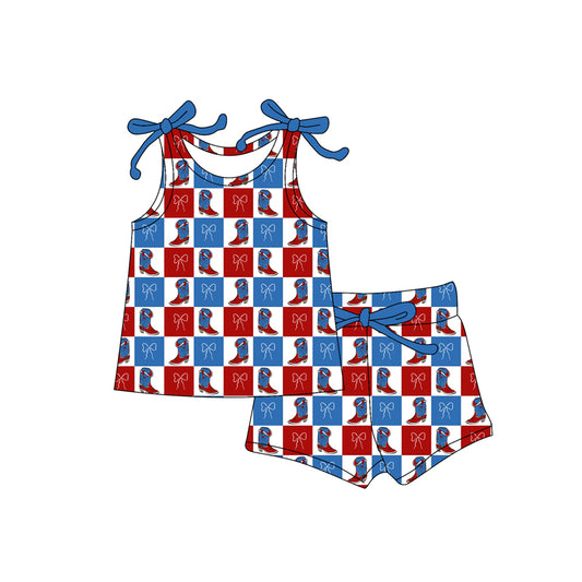 12.13 GSSO3024 Pre order No Moq Baby Girls Red Blue Bows Boots Checked Top Shorts 4th of July Clothes Sets