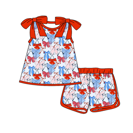 12.13 GSSO3025 Pre order No Moq Baby Girls Red Blue Bows Plaid Tunic Shorts 4th of July Clothes Sets