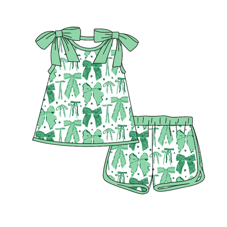 12.13 GSSO3028 Pre order No Moq Baby Girls Green Bows Clovers Tunic Shorts St Patrick Clothes Sets