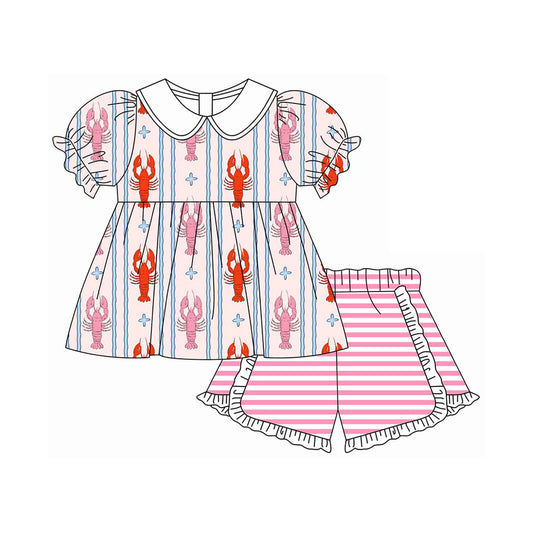 12.13 GSSO3030 Pre order No Moq Baby Girls Crayfishes Collar Tunic Stripe Ruffle Shorts Clothes Sets