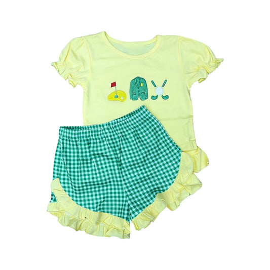 12.15 GSSO3033 Pre order No Moq Baby Girls Golf Flag Top Green Checked Ruffle Shorts Clothes Sets