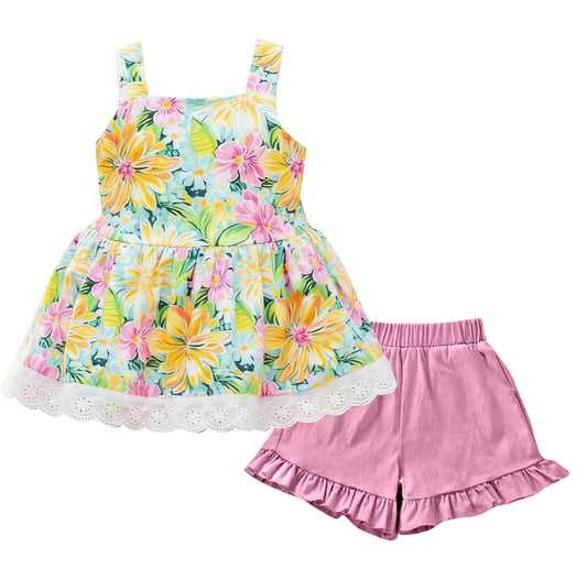 12.15 GSSO3034 Pre order No Moq Baby Girls Strap Colorful Flowers Tunic Ruffle Shorts Clothes Sets