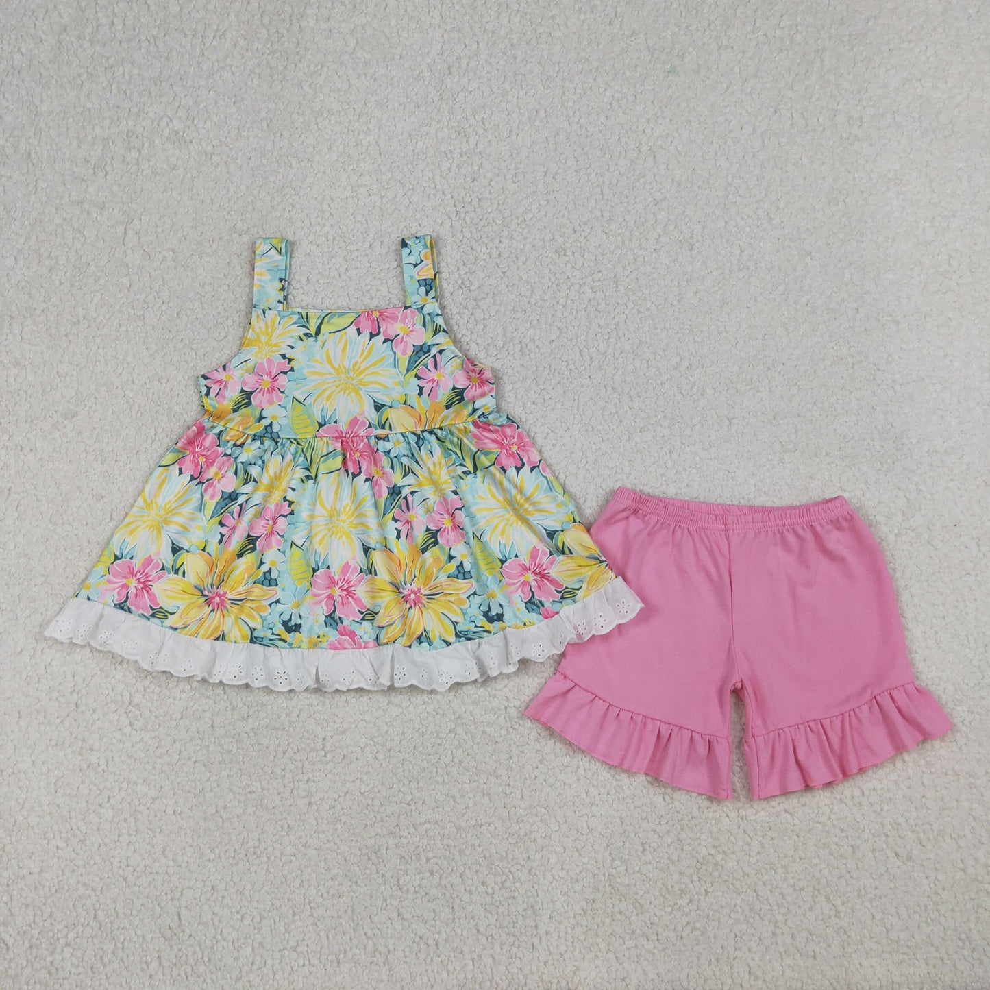 4.3 GSSO3034 RTS NO MOQ （In stock ）Sleeveless floral tunic pink ruffle shorts girls outfits