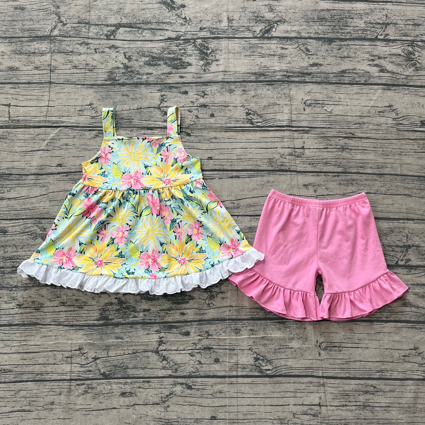 3.16 GSSO3034 Sample No Moq Baby Girls Summer Fashion Strap Colorful Flowers Tunic Ruffle Shorts Clothes Sets