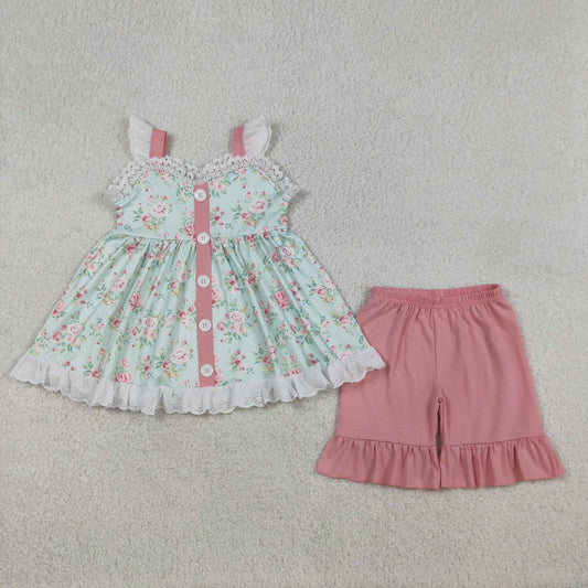 3.26 RTS NO MOQ （In stock）GSSO3036 Kids Clothing for Baby Girls Short Sleeve Colorful Flowers Button Tunic Ruffle Shorts Clothes Sets