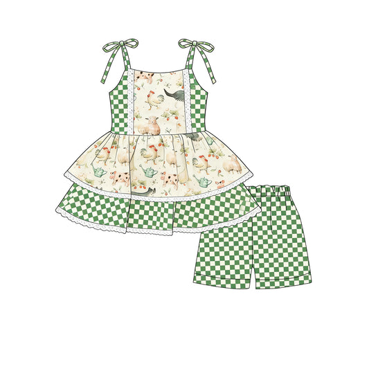 12.15 GSSO3037 Pre order No Moq Baby Girls Strap Chicks Cows Tunic Green Checked Shorts Farm Clothes Sets