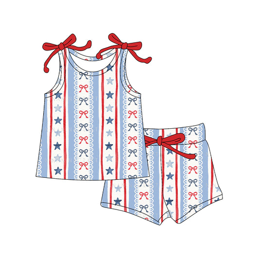 12.15 GSSO3038 Pre order No Moq Baby Girls Sleeveless Bows Stars Stripe Top Shorts 4th of July Clothes Sets