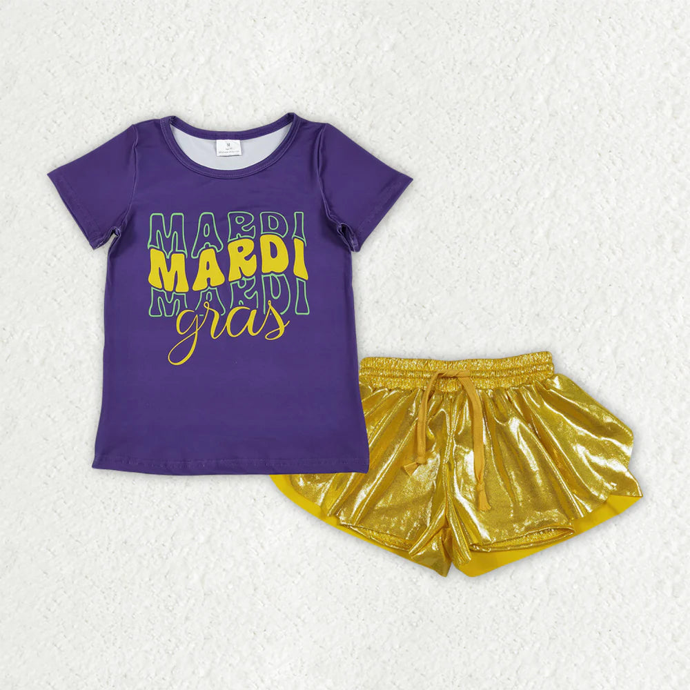 3.18 RTS Sibling Baby Girls Short Sleeve Mardigras Top Ruffle Shorts Clothes Sets