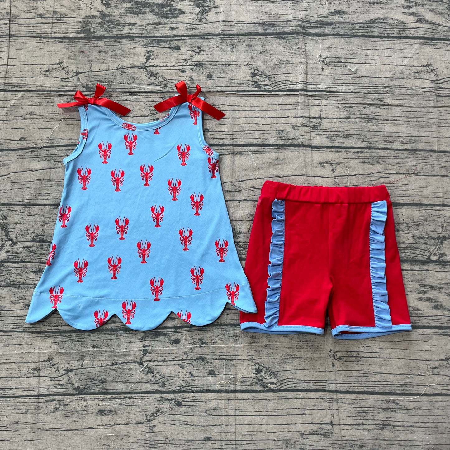 3.16 GSSO3050 Sample No Moq Baby Girls Summer Fashion Sleeveless Colorful Crayfishes Back Button Tunic Ruffle Shorts Clothes Sets