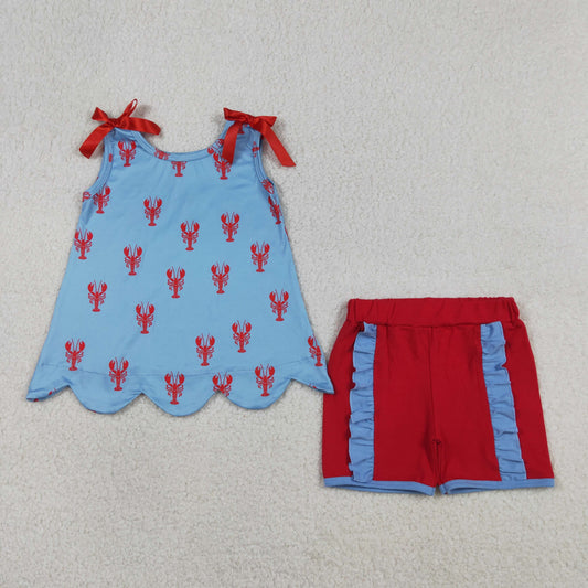 3.27 GSSO3050 RTS NO MOQ （In stock ）Baby Girls Sleeveless Crayfishes Scallop Tunic Ruffle Shorts Clothes Sets
