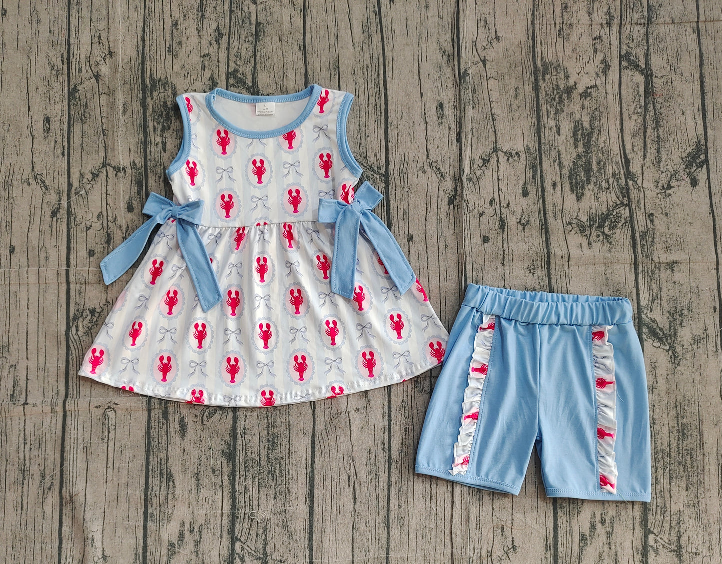 12.29 GSSO3051 Sample No Moq Baby Girls Bows Crayfishes Stripe Tunic Ruffle Shorts Clothes Sets