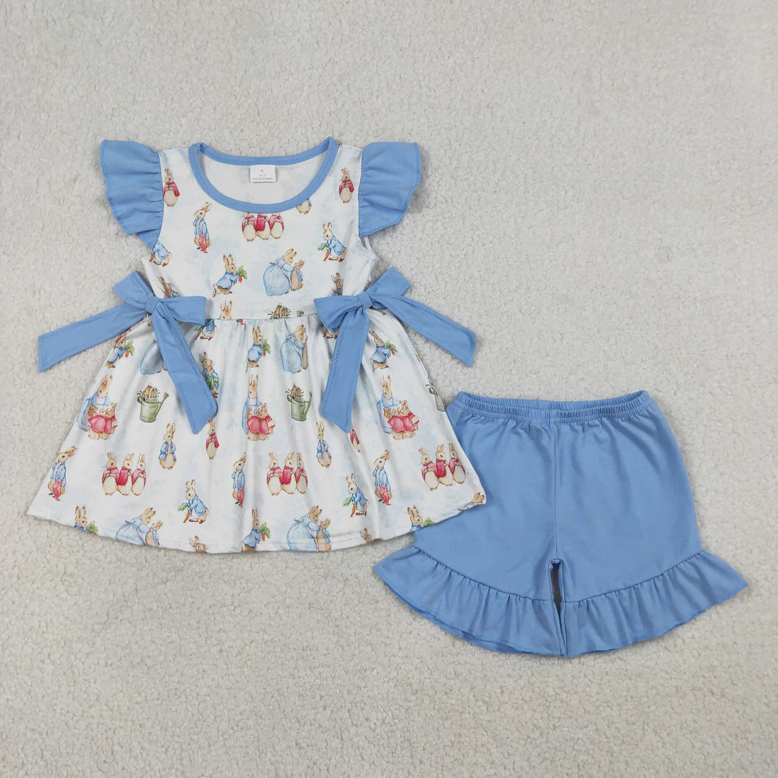 1.15 RTS Sibling Baby Girls Rabbits Button Tunic Ruffle Short Pants Easter Clothes Sets