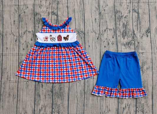 3.21 GSSO3056 Sample No Moq Baby Girls Summer Fashion Sleeveless Embroidery Farm Checked Tunic Ruffle Shorts Clothes Sets