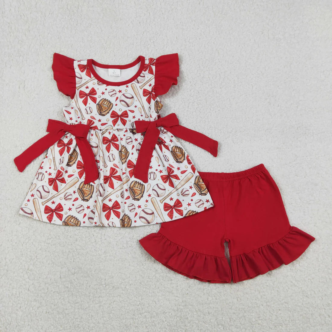 2.3 RTS Sibling Baby Girls Red Bows Baseballs Tunic Ruffle Shorts Team Clothes Set Knee Length Dress Rompers
