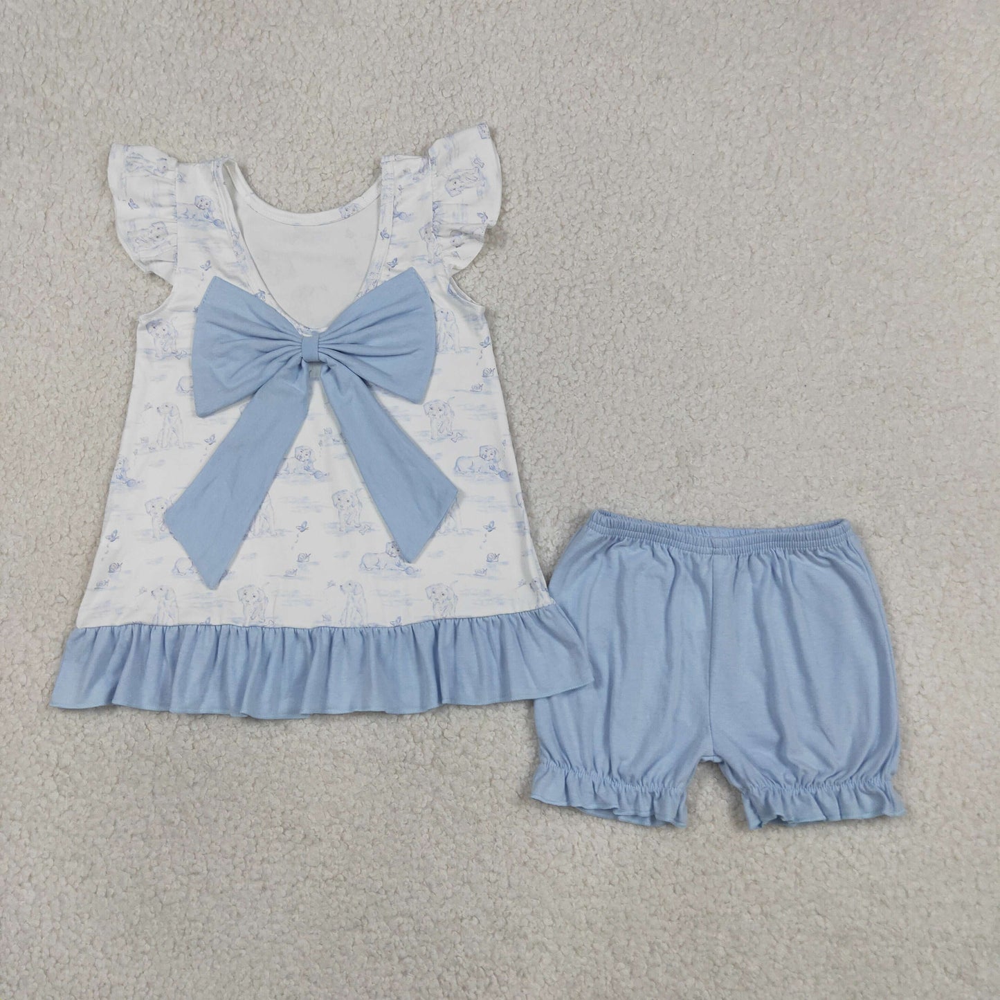 GSSO3061 RTS NO MOQ （In stock ）Flutter sleeves light blue dog ruffle bow top shorts girls outfits