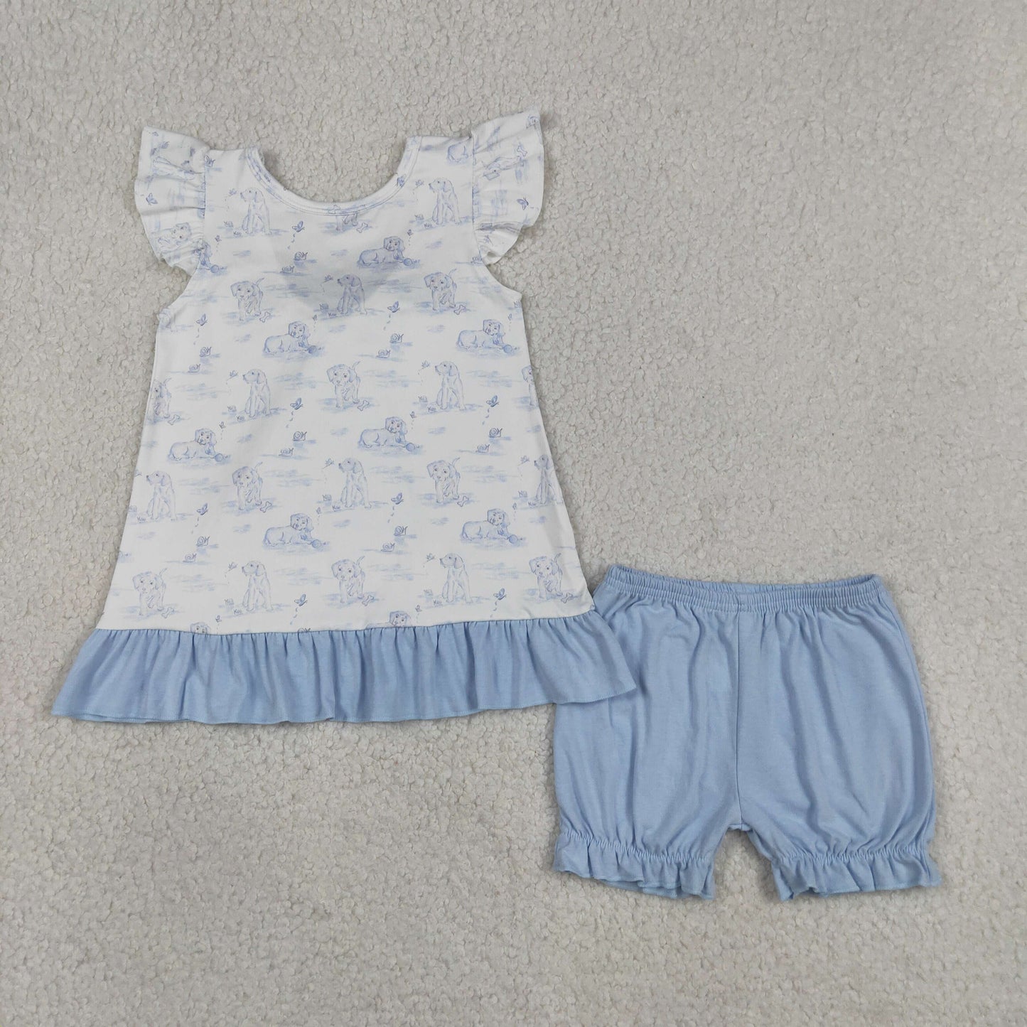 GSSO3061 RTS NO MOQ （In stock ）Flutter sleeves light blue dog ruffle bow top shorts girls outfits