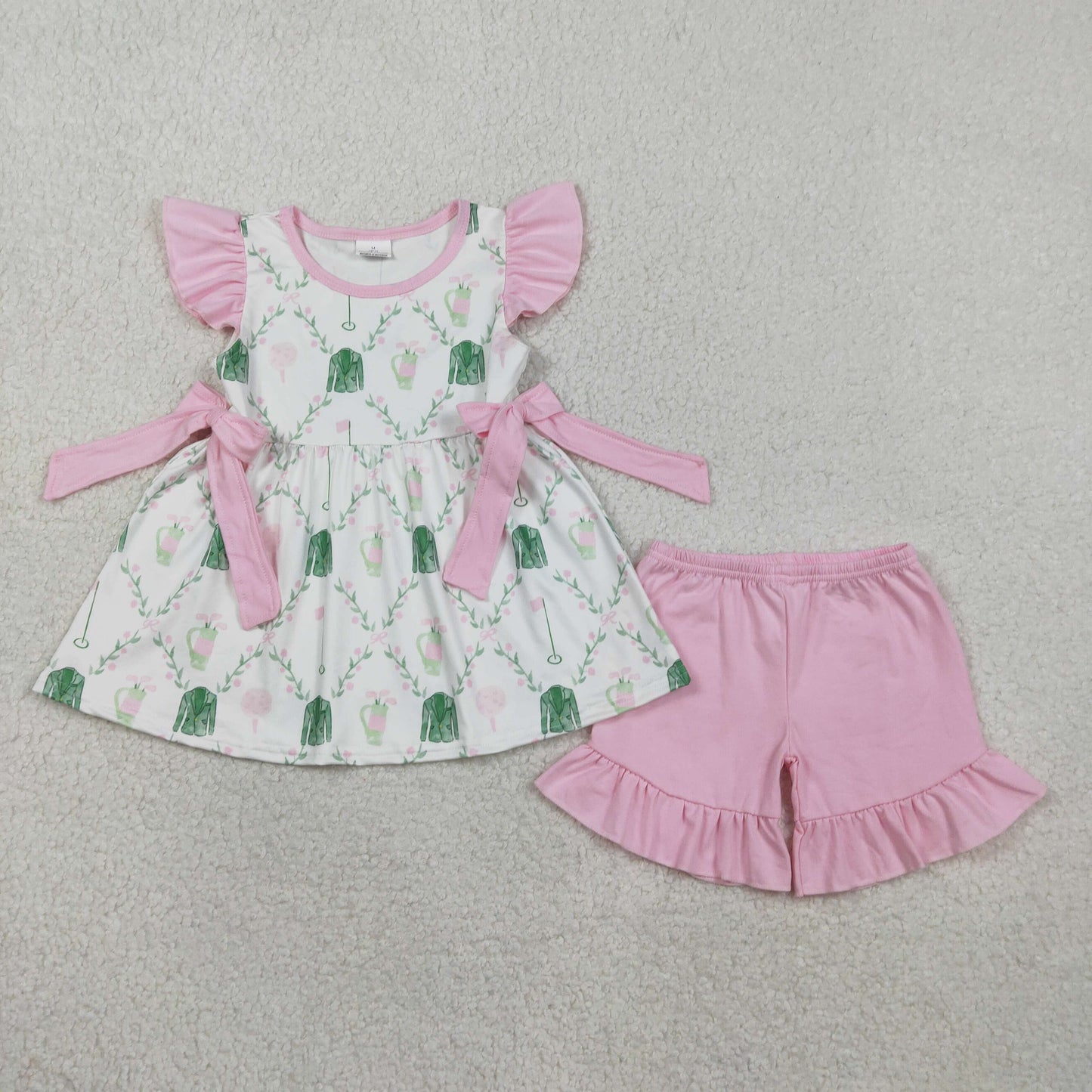 1.23 RTS NO MOQ （In stock）GSSO3063 Baby Girls Flowers Golf Checked Bows Tunic Ruffle Shorts Clothes Sets