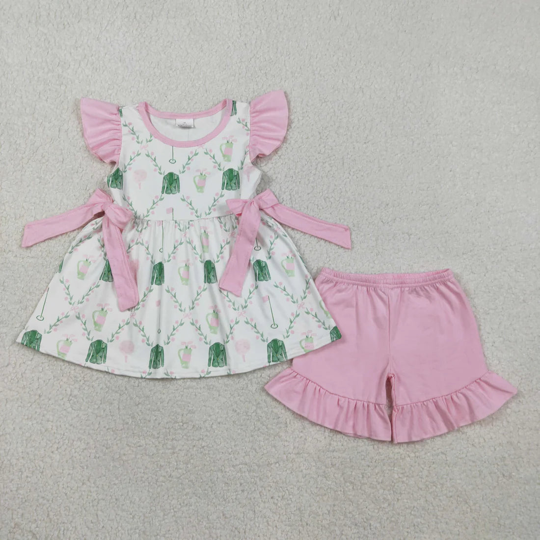 1.27 RTS Sibling Baby Girls Pink Flower Golf Checked Tunic Ruffle Shorts Clothes Set Rompers