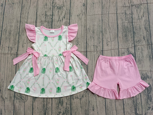 1.9 GSSO3063 Sample No Moq Baby Girls Flowers Golf Checked Bows Tunic Ruffle Shorts Clothes Sets