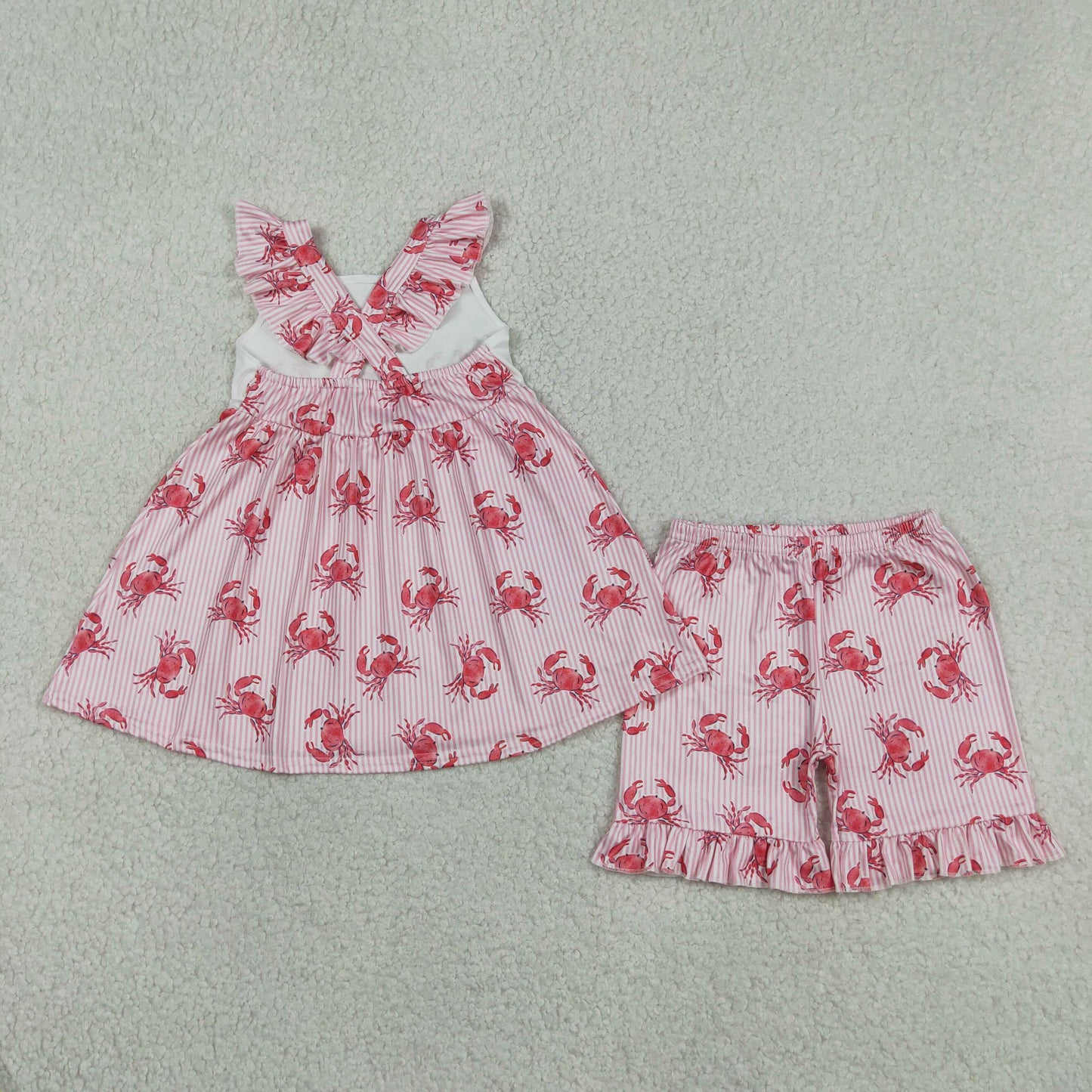 GSSO3066 RTS NO MOQ （In stock ）Flutter sleeves stripe crab tunic shorts girls outfits