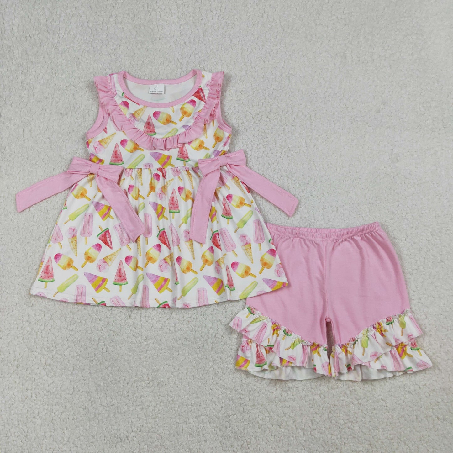 1.14 RTS NO MOQ （In stock）GSSO3067 Baby Girls Colorful Popsicle Ice Creams Collar Tunic Ruffle Shorts Clothes Sets