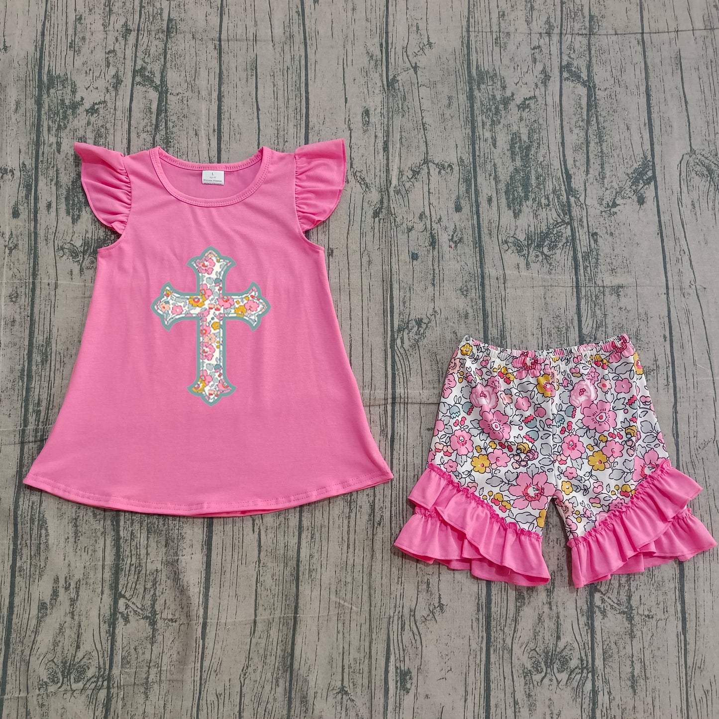 1.5 GSSO3069 Sample No Moq Embroidery Floral Crosses Baby Girls Tunic Ruffle Shorts Easter Clothes Sets