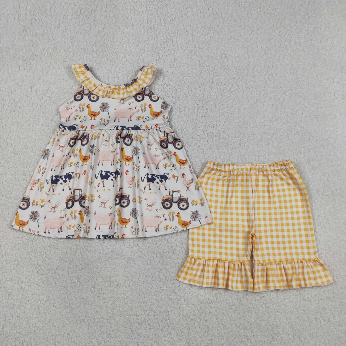 GSSO3071 RTS NO MOQ （In stock ）Sleeveless farm ruffle tunic yellow plaid shorts girls outfits