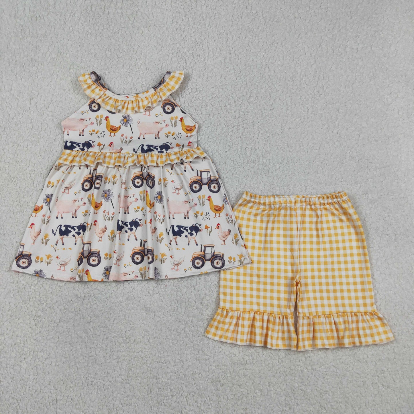 RTS Sibling Sleeveless farm ruffle tunic yellow plaid shorts girls outfits and romper