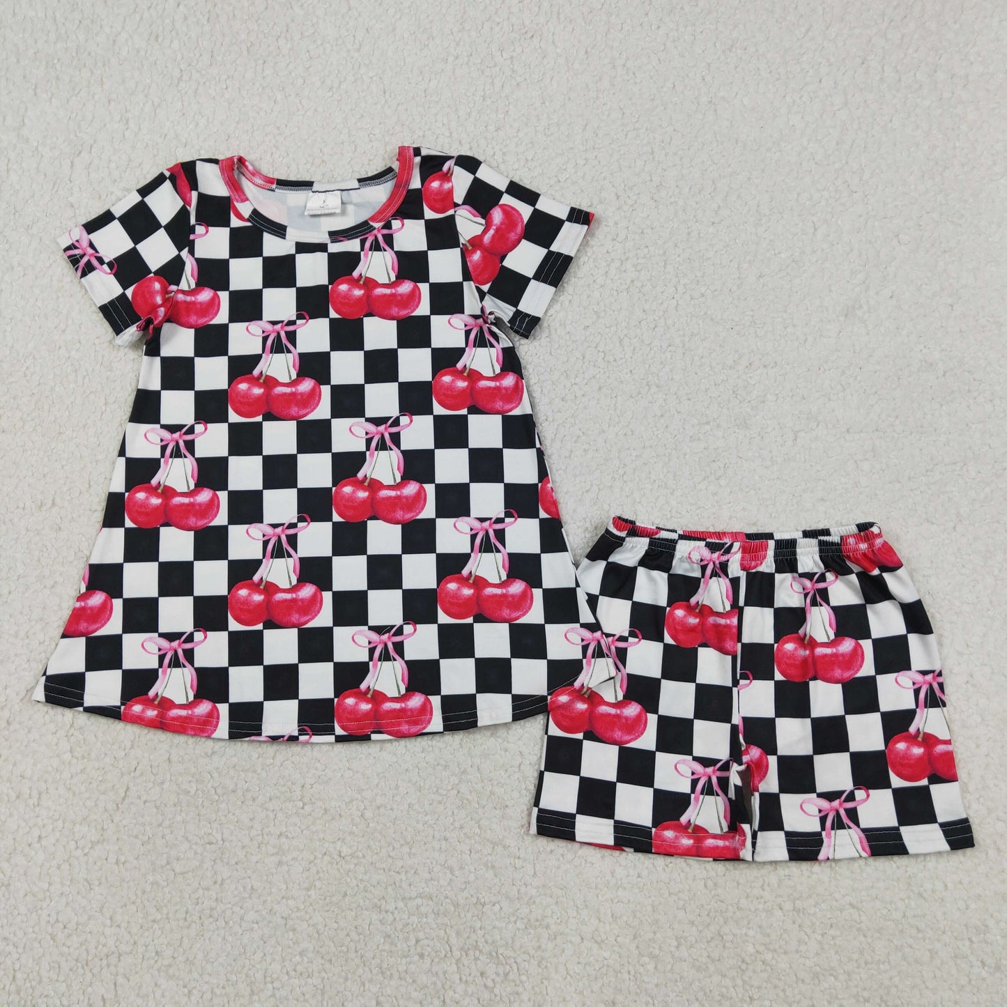 GSSO3075 RTS NO MOQ （In stock Short sleeves black plaid cherry top shorts girls outfits