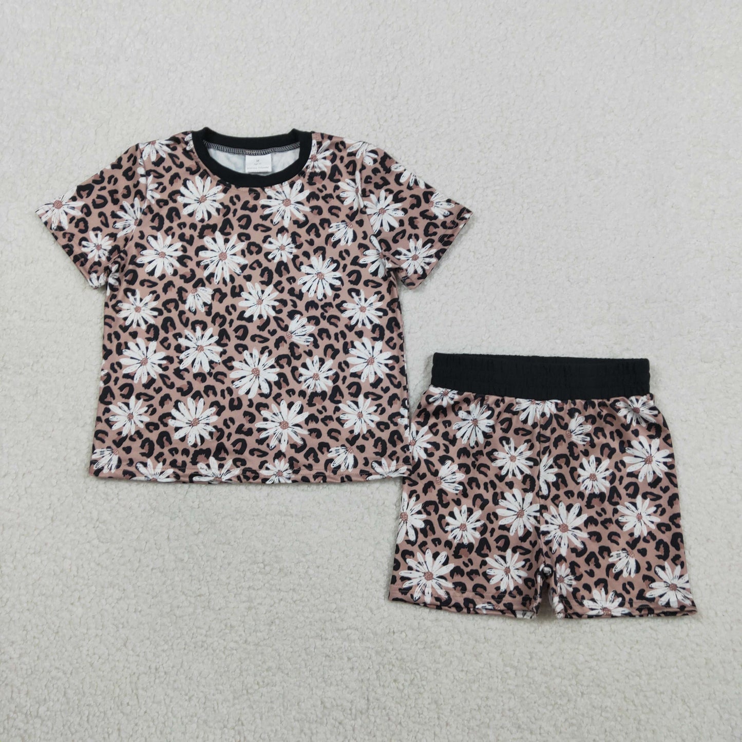 2.2 RTS NO MOQ （In stock）GSSO3079 Baby Girls Leopard Daisy Flowers Top Short Pajamas Clothes Sets