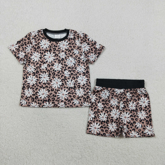 2.2 RTS NO MOQ （In stock）GSSO3079 Baby Girls Leopard Daisy Flowers Top Short Pajamas Clothes Sets