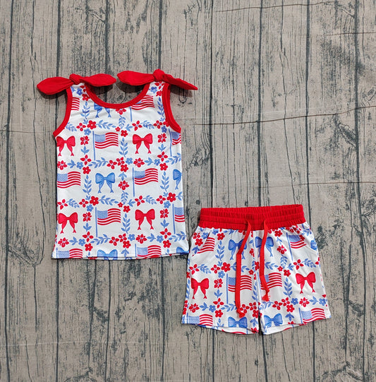 1.22 GSSO3094 Sample No Moq Baby Girls Red Blue Flowers Flags Top Pockets Shorts 4th of July Clothes Sets