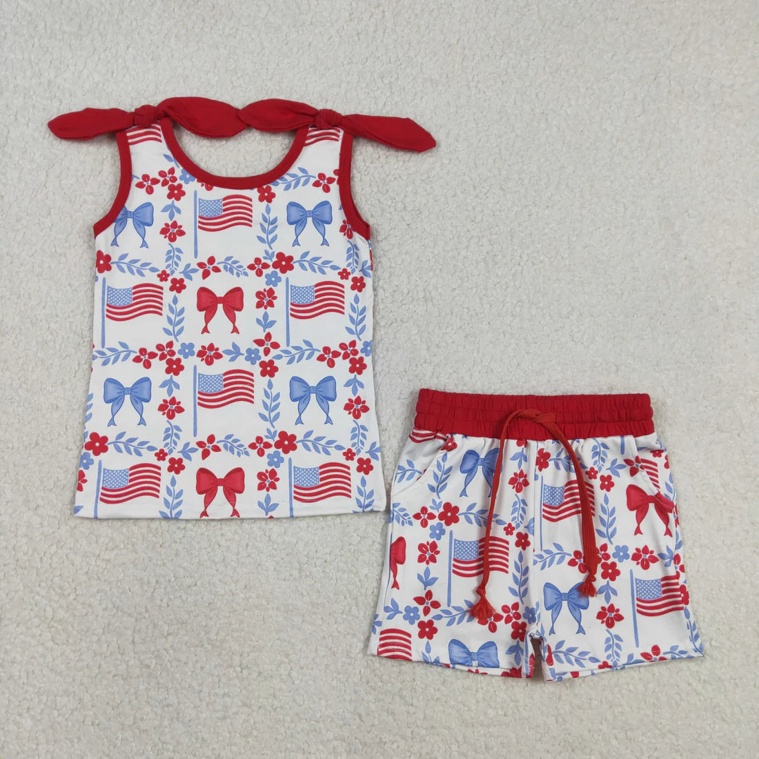 3.18 RTS Sibling Baby Girls Flag Flower Bows Checked Pockets Short 4th of July Clothes Set Active Dresses