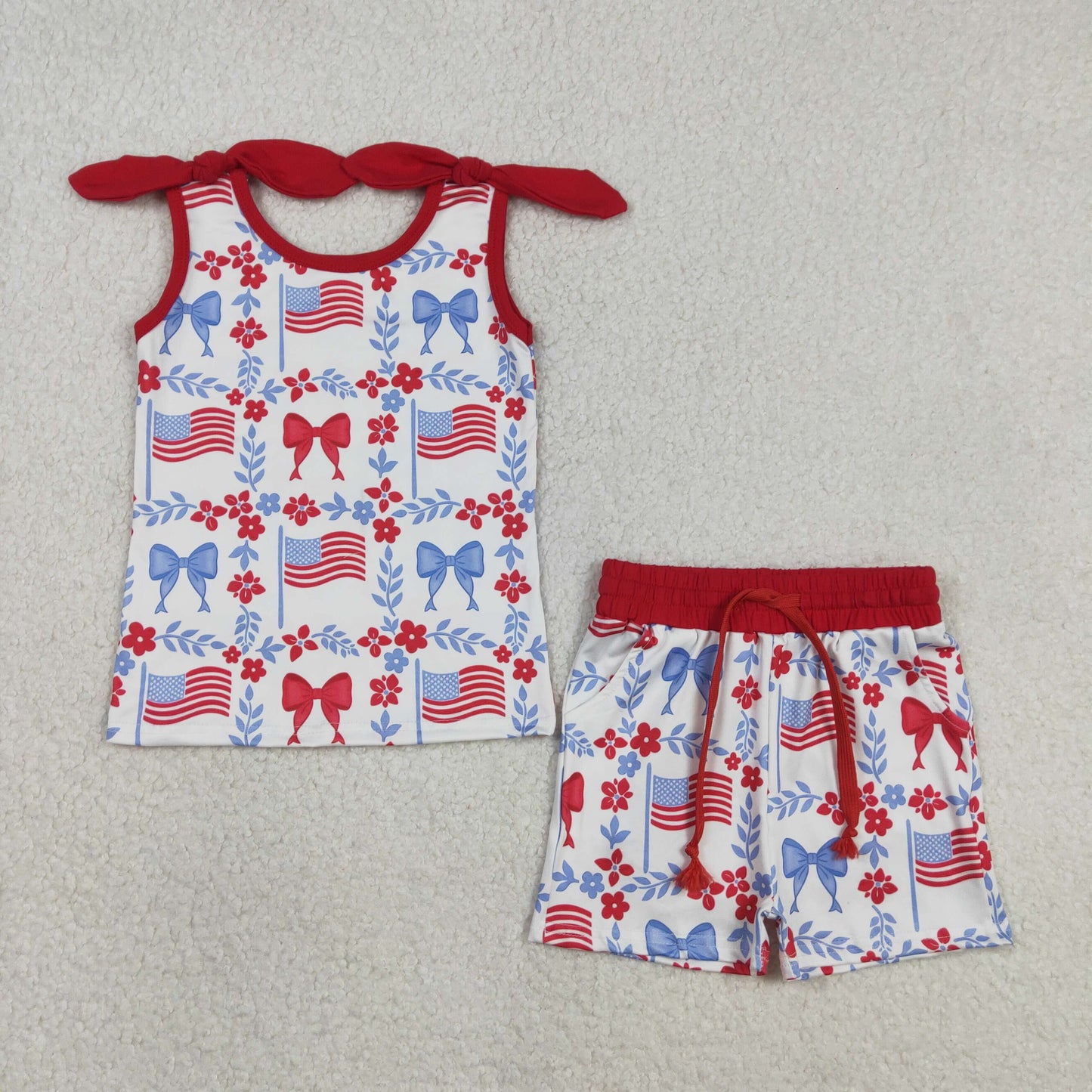 3.10 RTS NO MOQ （In stock）GSSO3094 Kids Clothing for Girls Baby Girls 4th of July Red Blue Flowers Flags Top Pockets Short Clothes Sets