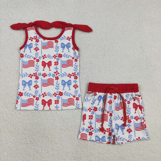 3.10 RTS NO MOQ （In stock）GSSO3094 Kids Clothing for Girls Baby Girls 4th of July Red Blue Flowers Flags Top Pockets Short Clothes Sets