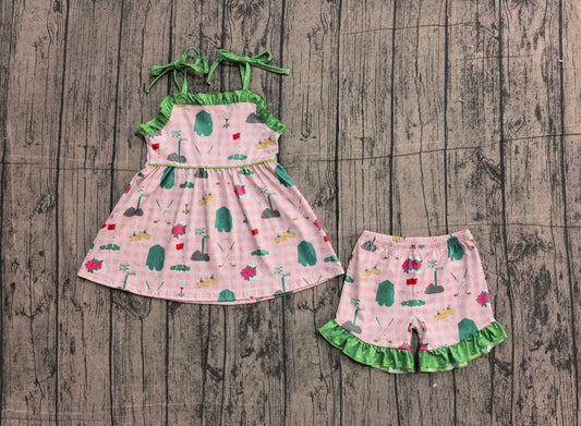 1.7 GSSO3099 Sample No Moq Baby Girls Strap Pink Checked Golf Flags Tunic Ruffle Shorts Clothes Sets