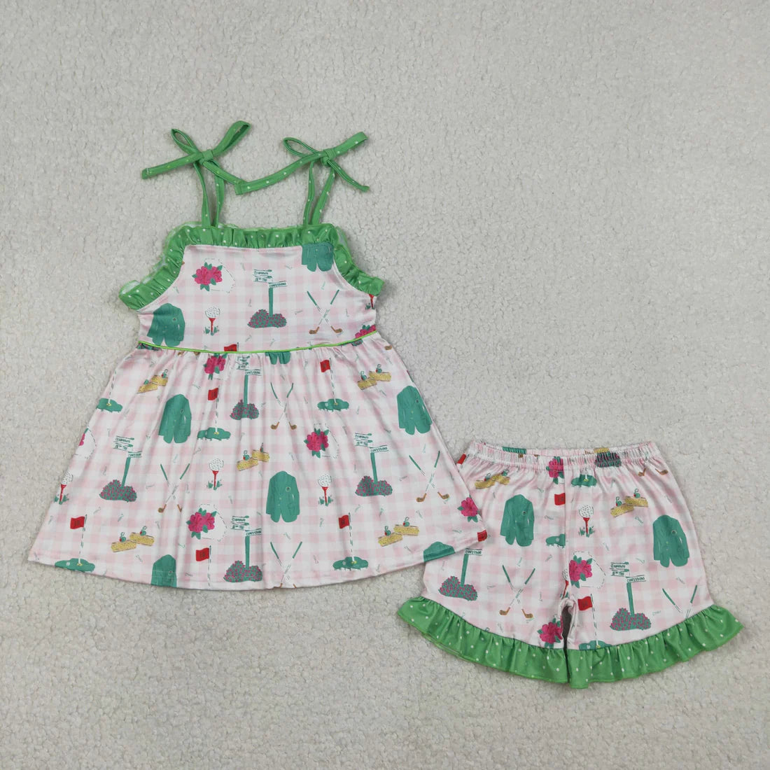 1.27 RTS Sibling Baby Girls Strap Pink Checked Flower Golf Tunic Ruffle Shorts Clothes Set Rompers