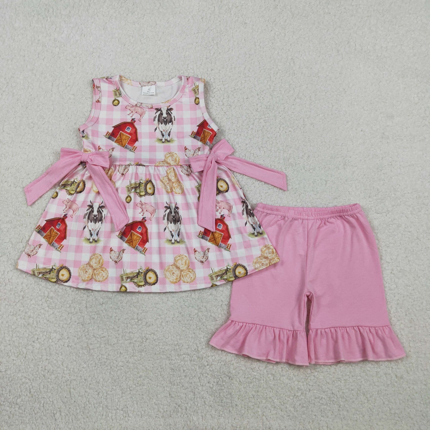 2.4 RTS NO MOQ （In stock）GSSO3100 Baby Girls Sleeveless Pink Checked House Cows Tunic Ruffle Shorts Farm Clothes Sets