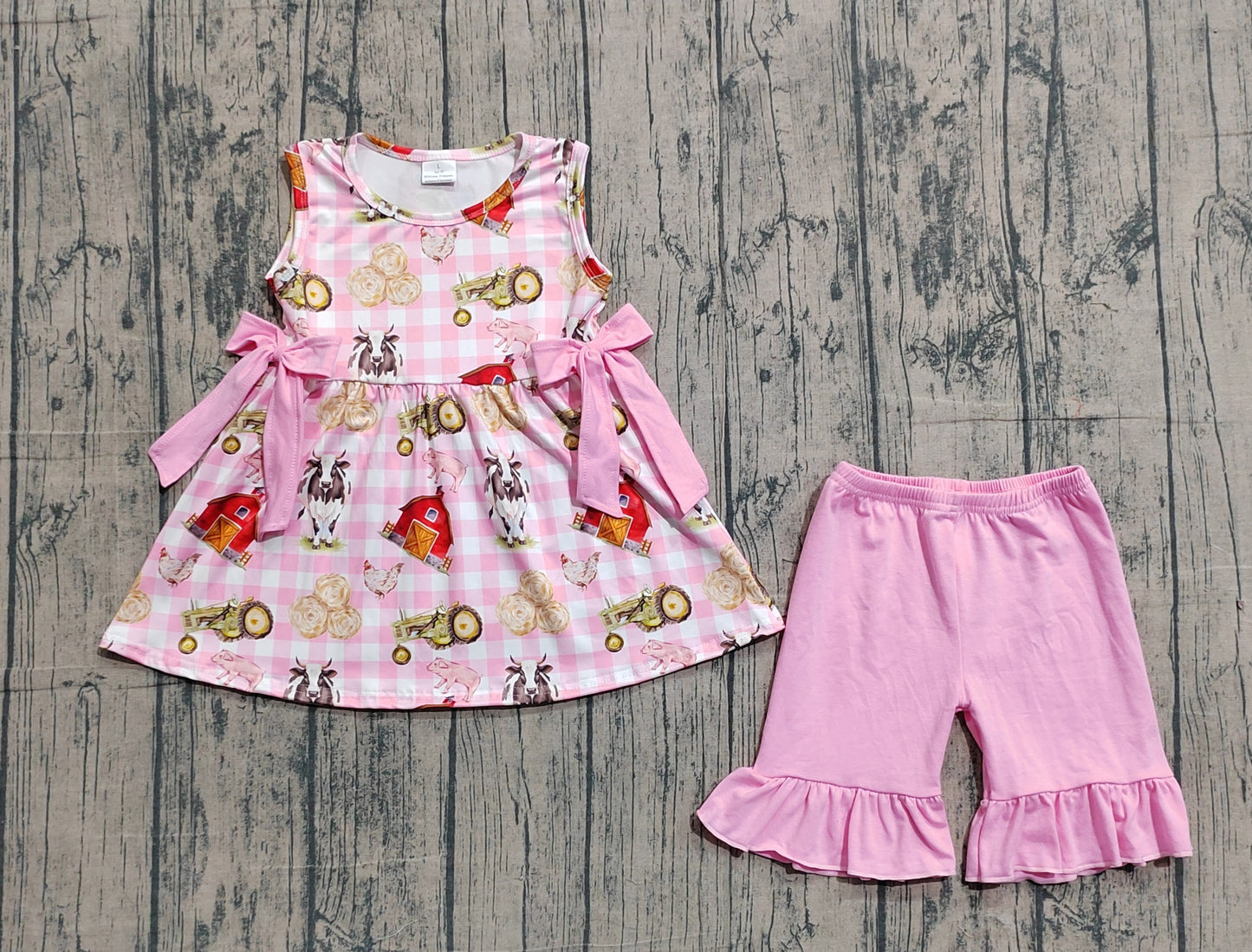 1.15 GSSO3100 Sample No Moq Baby Girls Strap Pink Checked Farm Bows Tunic Ruffle Shorts Clothes Sets