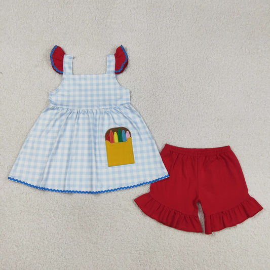 3.12 RTS NO MOQ （In stock）GSSO3101 Kids Clothing for Girls Baby Girls Embroidery Pencils Checked Tunic Ruffle Shorts Back to School Sets