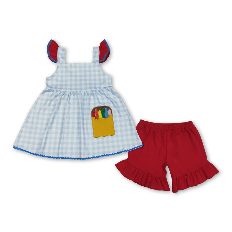 RTS Sibling Baby Boys Girls Embroidery Apple Pencils Pockets Short Back to School Sets