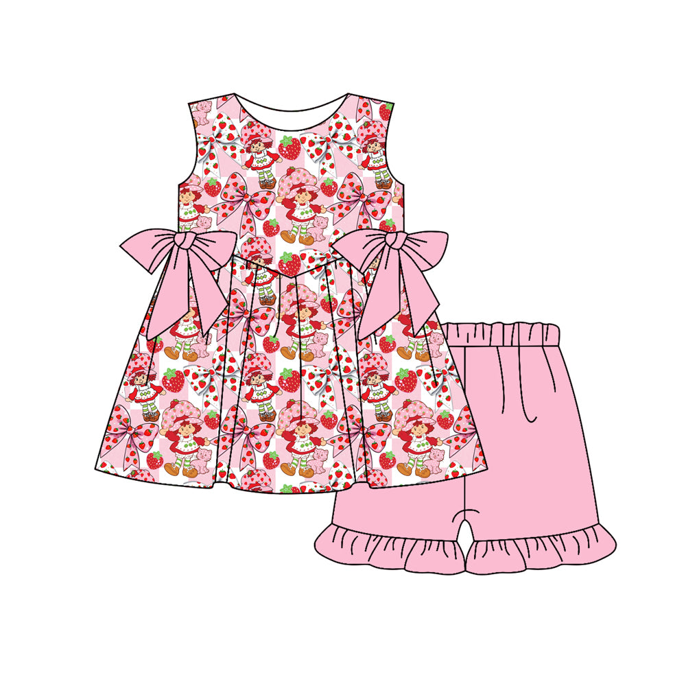 1.5 GSSO3104 Pre order No Moq Baby Girls Pink Checked Strawberry Bows Tunic Ruffle Shorts Clothes Sets