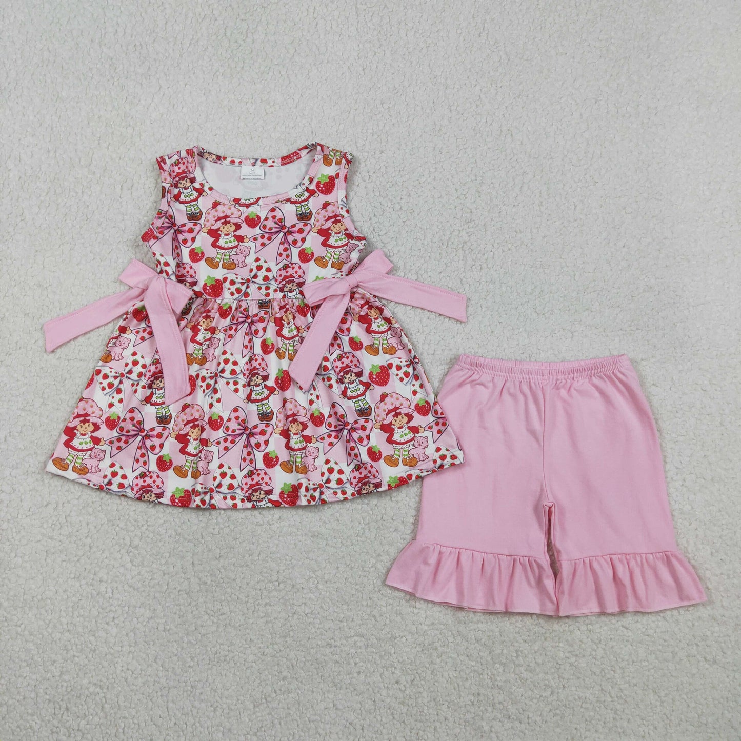 3.28 RTS NO MOQ （In stock）GSSO3104 Sleeveless strawberry bow tunic ruffle shorts girls outfits