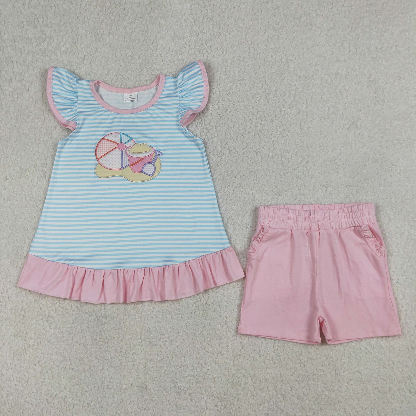 4.7 GSSO3109 RTS NO MOQ （In stock ）Embroidery Beach Baby Girls Blue Stripe Tunic Pockets Shorts Clothes Sets