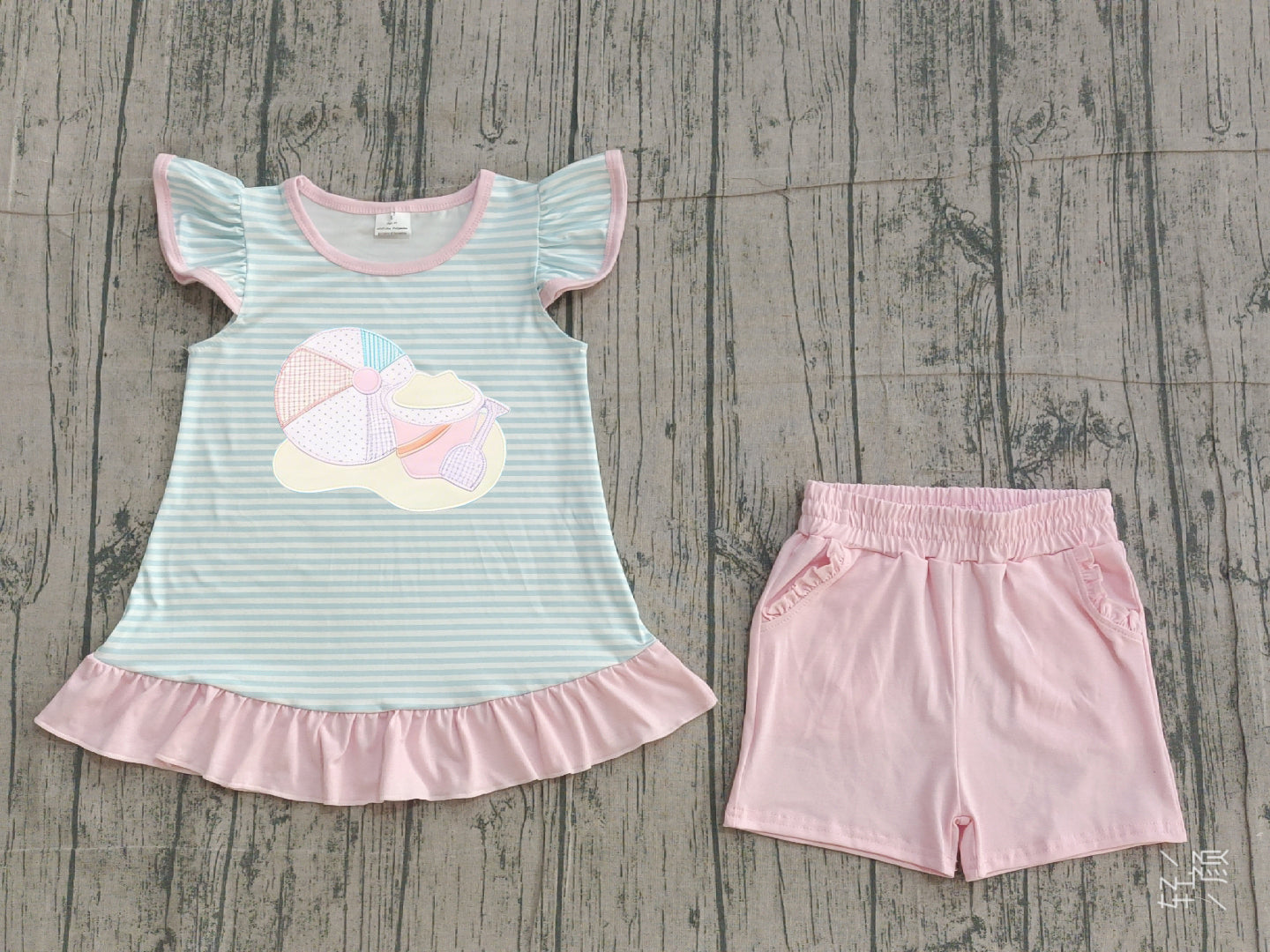 1.12 GSSO3109 Sample No Moq Embroidery Beach Baby Girls Blue Stripe Tunic Ruffle Shorts Clothes Sets