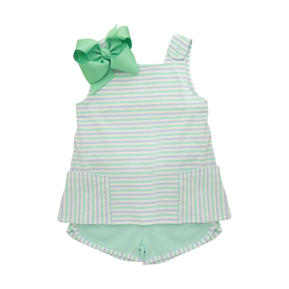 1.5 GSSO3110 Pre order No Moq Baby Girls Strap Green Stripe Pockets Tunic Shorts Clothes Sets