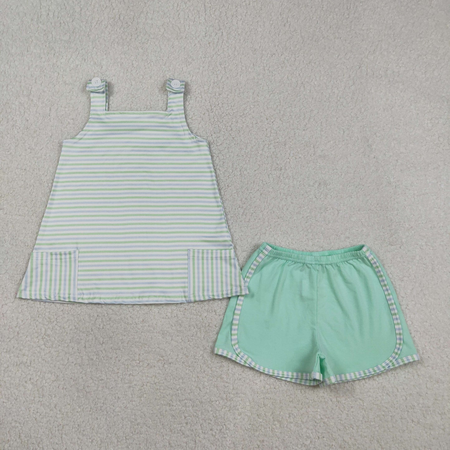 3.11 RTS NO MOQ （In stock）GSSO3110 Kids Clothing for Girls Baby Girls Strap Green Stripe Pockets Tunic Shorts Clothes Sets